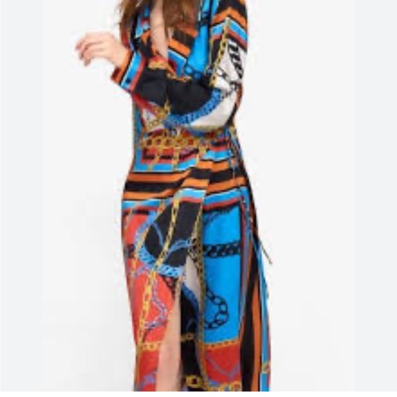 Zara Blogger Fav Chain Print Scarf Print Long Sleeve Midi Shirt Dress Orange - Picture 3 of 13